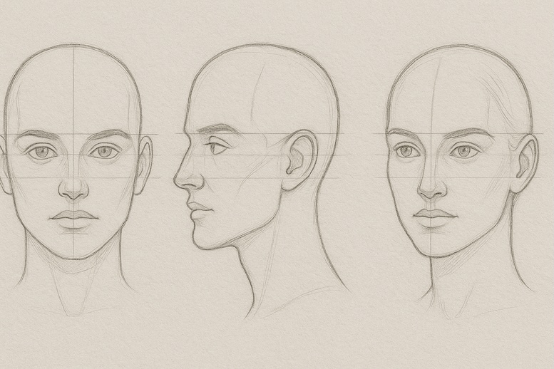 A collage of three faces (front, profile, ¾ view) with guidelines sketched in.