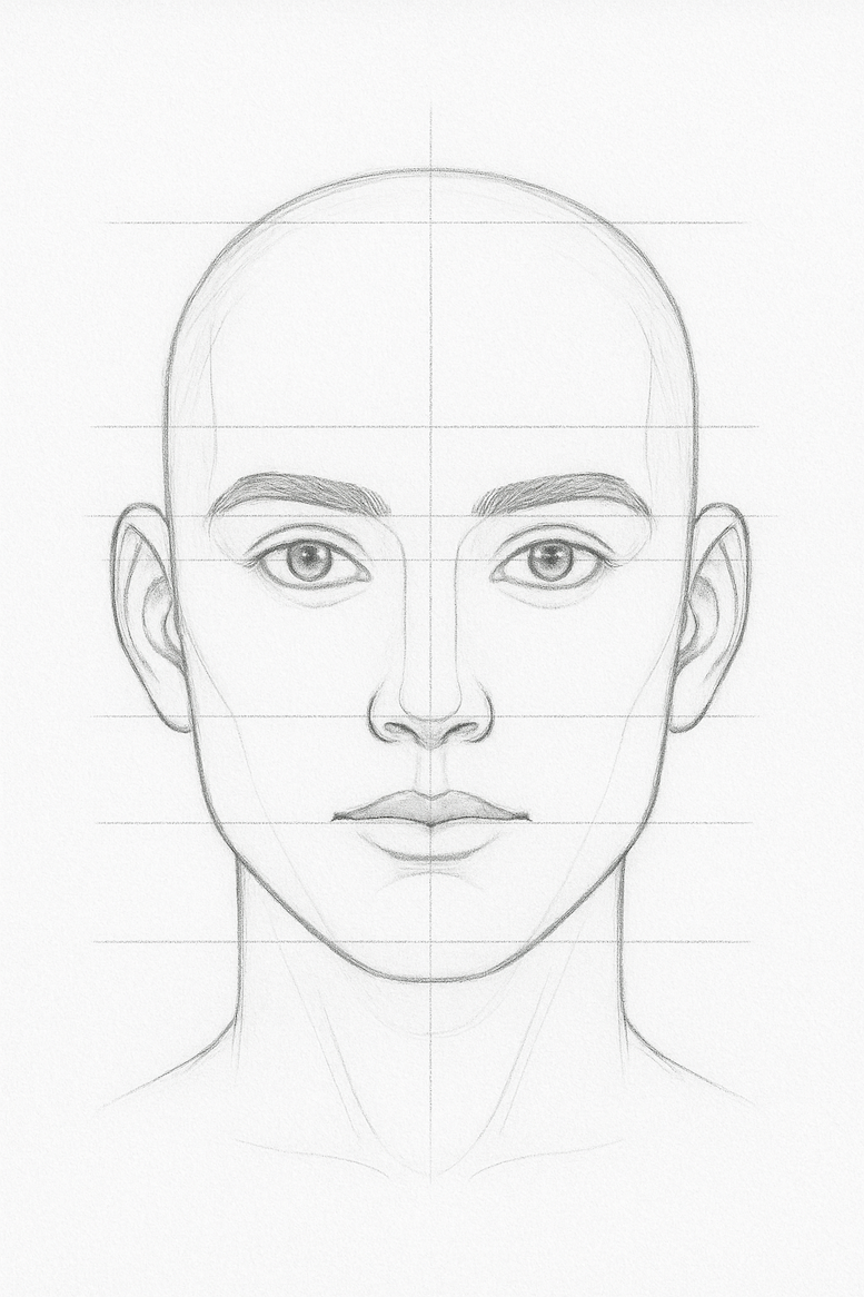 A finished proportional sketch with all guidelines visible, ready for detailing.