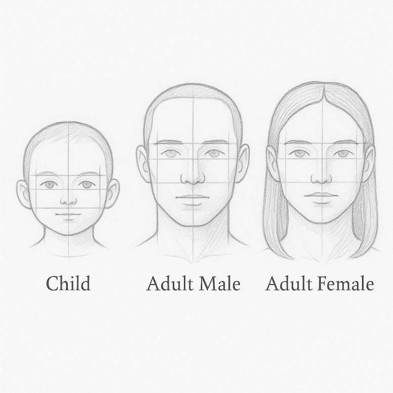 A row of three simplified head drawings: child, adult male, adult female — showing proportion changes.