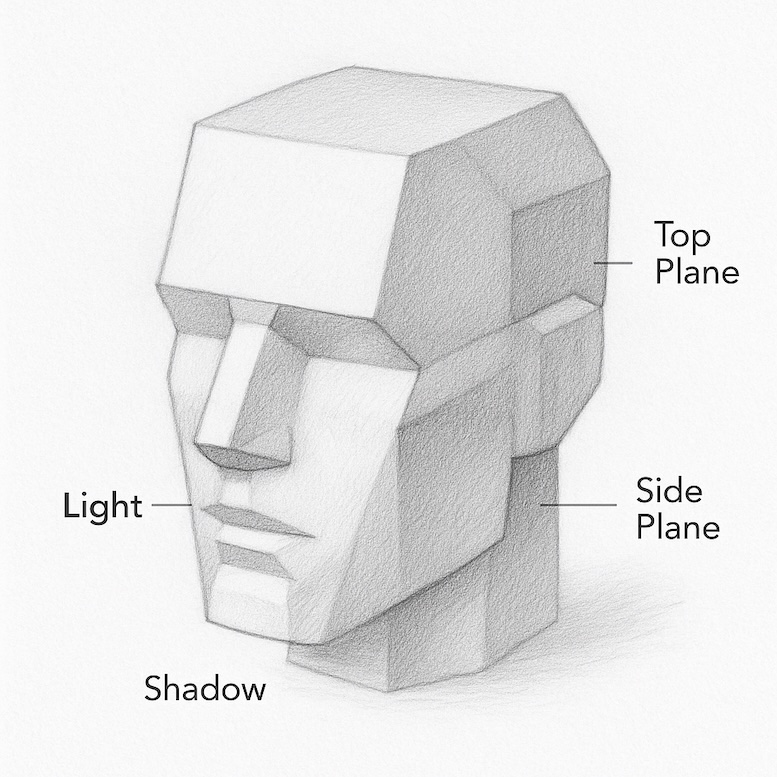 A simple 3D blocky diagram of the head showing the major planes (front, side, top planes) with light and shadow areas.