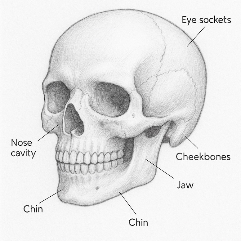 A simplified skull drawing with key landmarks labeled: eye sockets, nose cavity, cheekbones, jaw, and chin.