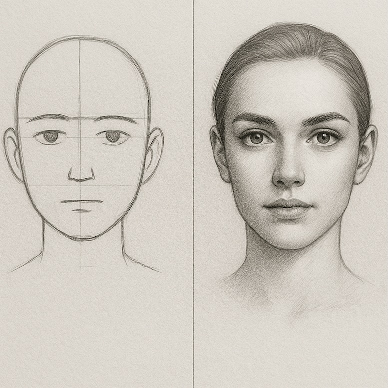 A split comparison How to draw a face — on the left, a beginner’s flat, disproportioned face drawing; on the right, a well-proportioned, realistic face.