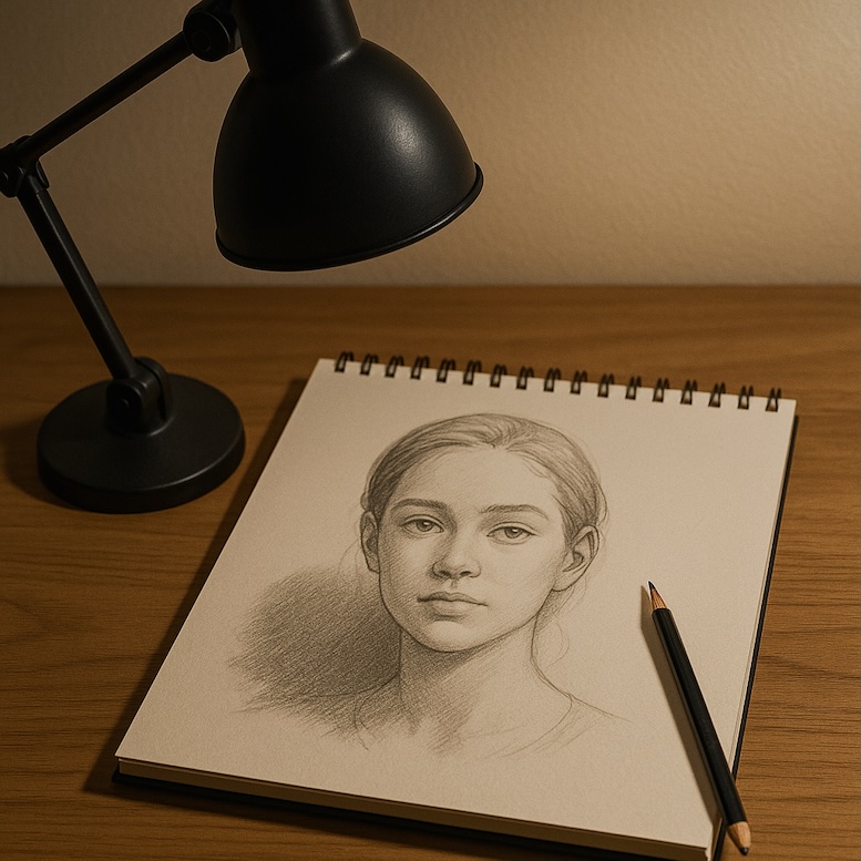Artist desk setup with lamp shining on a sketch, showing clear cast shadows for reference.