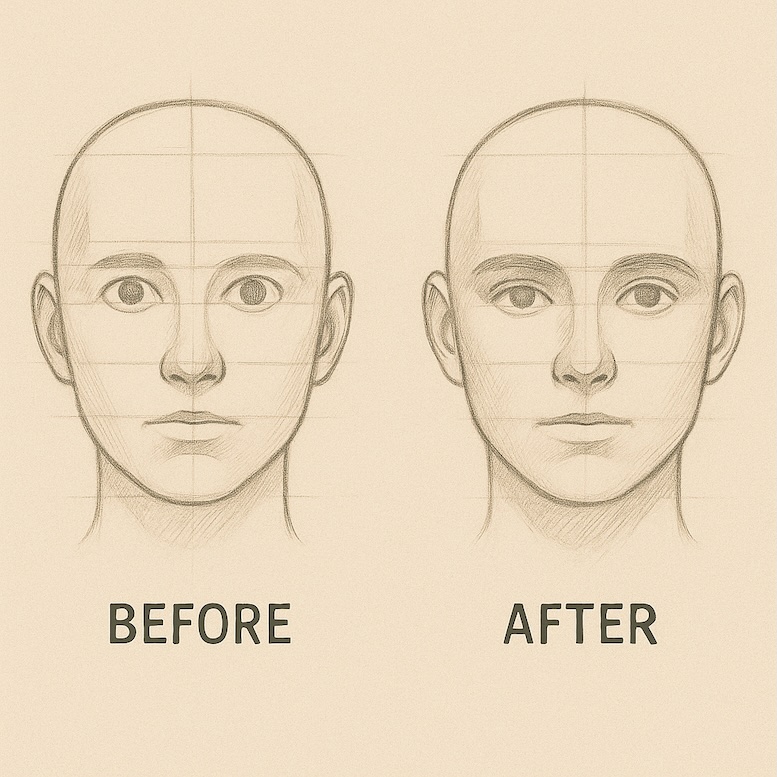 Before-and-after comparison: on the left, eyes drawn too high; on the right, corrected eyes placed on the midline with proper spacing.