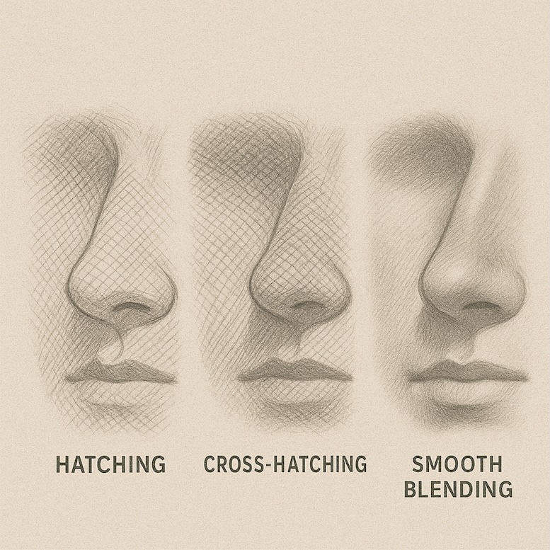 Close-up of a cheek and nose area showing three shading techniques side by side: hatching, cross-hatching, and smooth blending.
