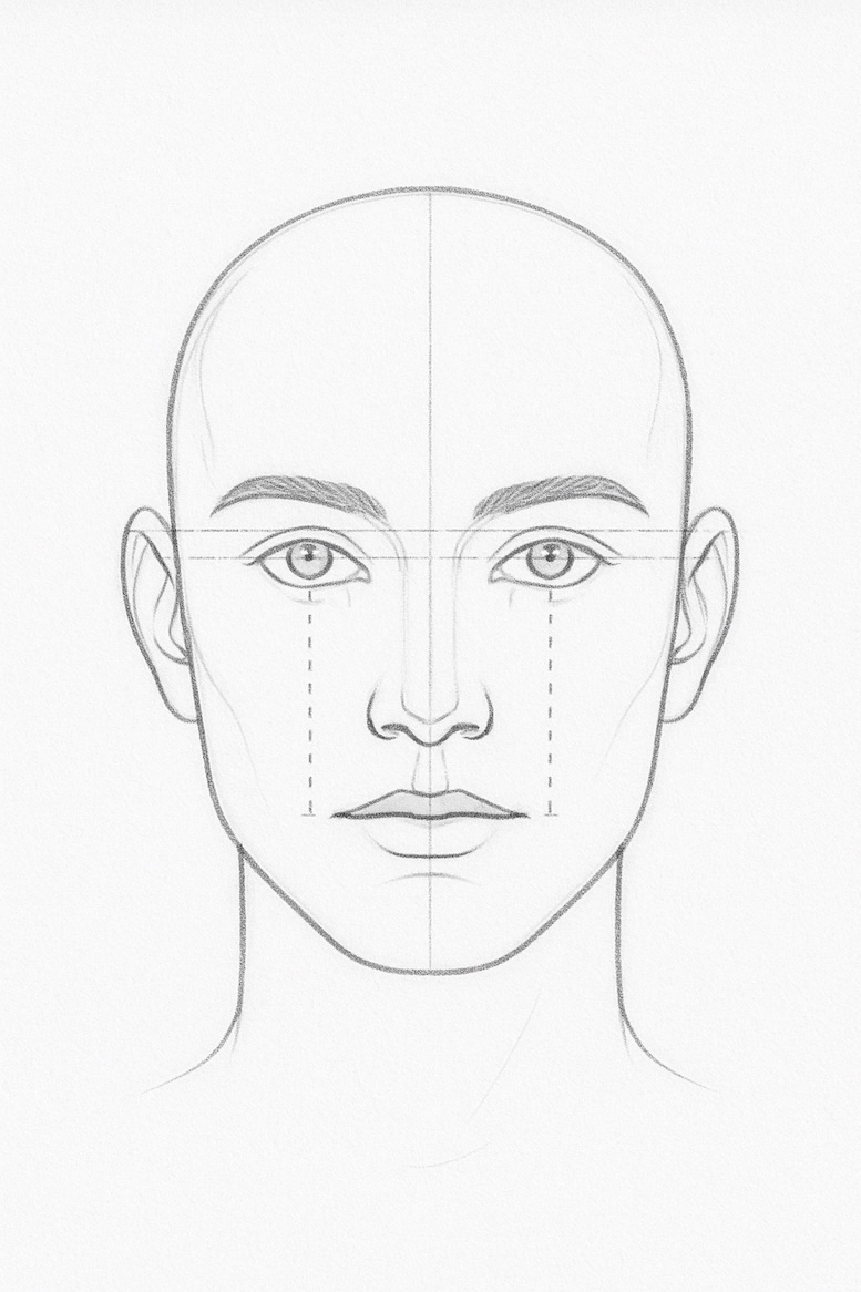 Close-up of a proportional head with dotted vertical lines from inner eyes to nostrils and from pupils to mouth corners.