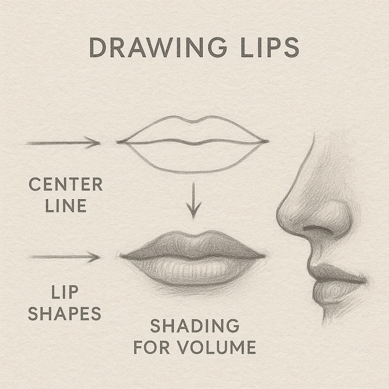 Close-up showing step-by-step construction of lips: center line → lip shapes → shading for volume.