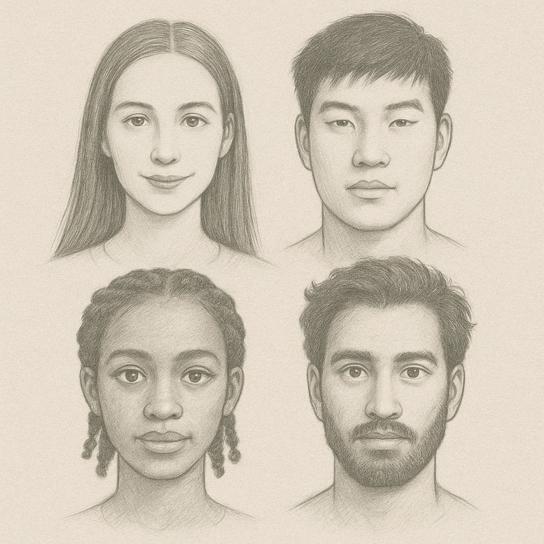 Four diverse faces from different ethnic backgrounds, showing variety in features and proportions.