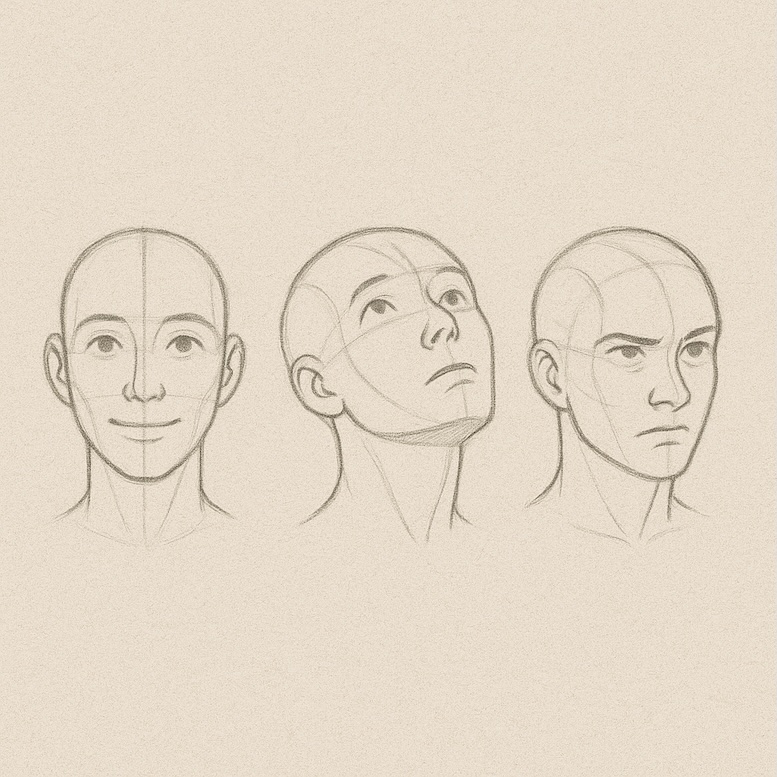 Diagram showing three heads: one looking straight ahead, one tilted up, one tilted down — with curved centerlines and feature placement visible.