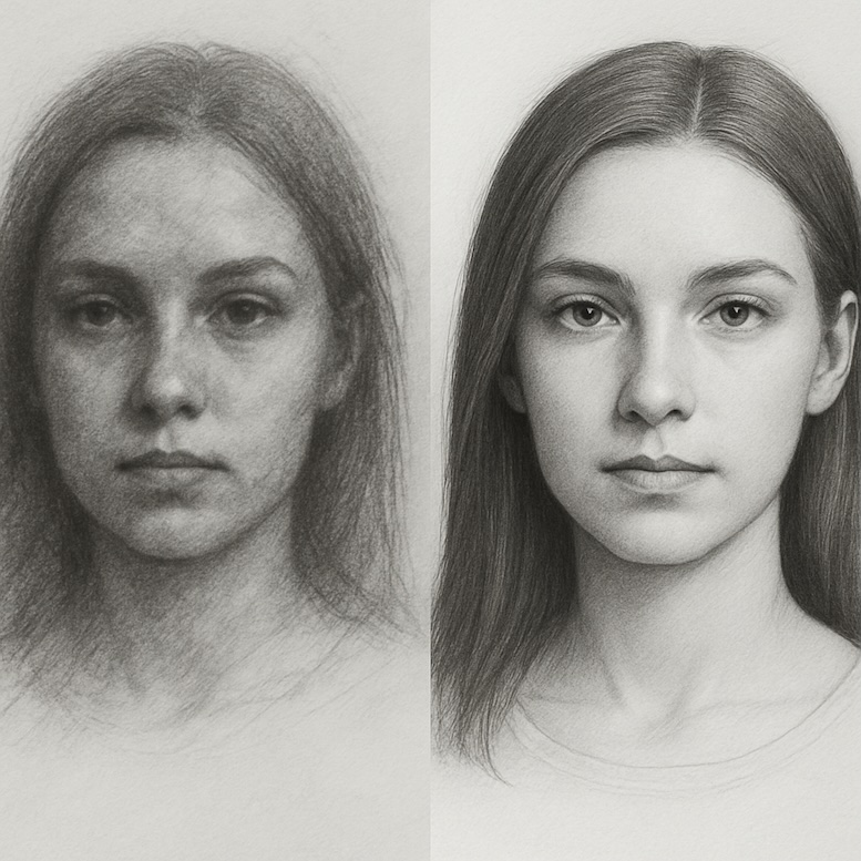 Example of a drawing with heavy smudging vs. a clean, well-blended portrait with preserved highlights.