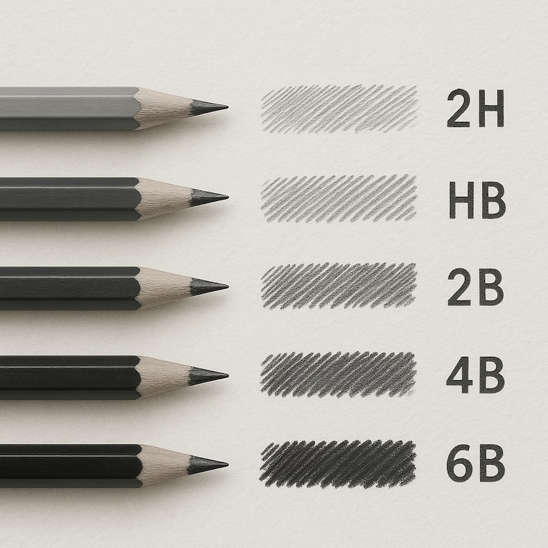 Flat lay of different pencils labeled with their hardness (2H, HB, 2B, 4B, 6B) and sample strokes next to each.