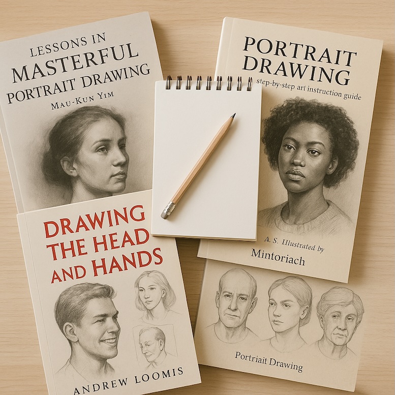 Flat lay of recommended books with a sketchbook and pencil on top, inviting readers to study further.