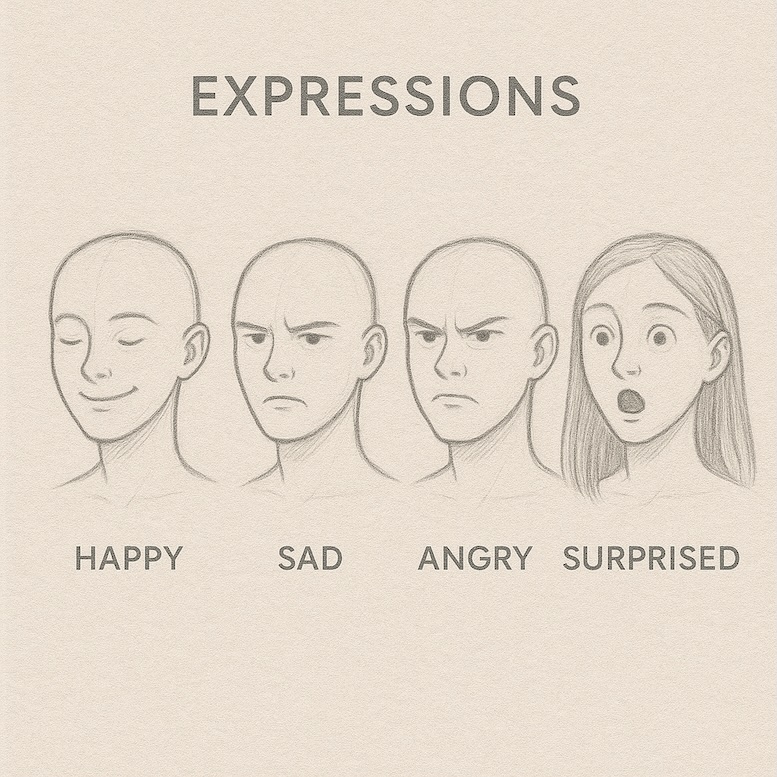 Four simple head sketches side by side, each showing a different expression (happy, sad, angry, surprised).