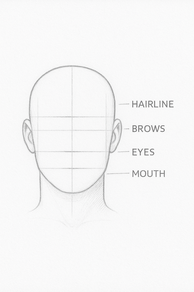 Front view of a blank head with guidelines drawn: horizontal lines for hairline, brows, eyes, nose, and mouth.