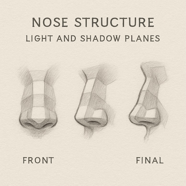 Front, ¾, and profile views of noses with light and shadow planes marked to show volume.