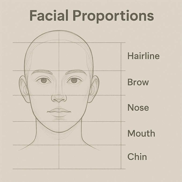 Graphic showing a quick reference chart with horizontal lines marking eye, nose, mouth, and chin proportions — perfect as a “bookmarkable” takeaway for readers.
