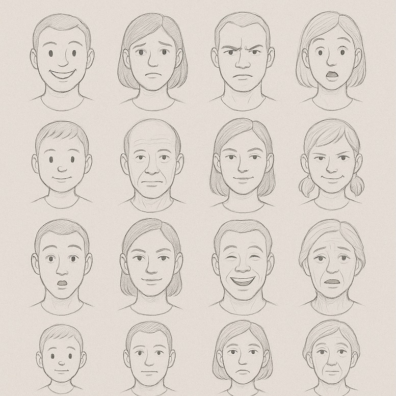 Grid of thumbnail faces showing a variety of expressions and ages