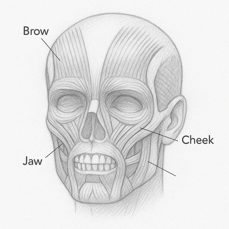 Overlay of facial muscles on a skull outline, with key muscles labeled (brow, cheek, jaw).
