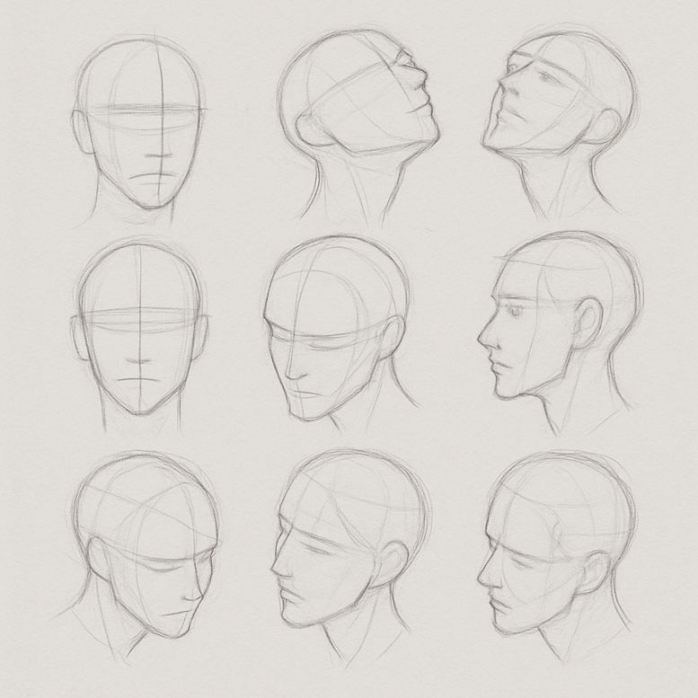 Page of quick “gesture” head sketches, showing multiple angles in light construction lines.