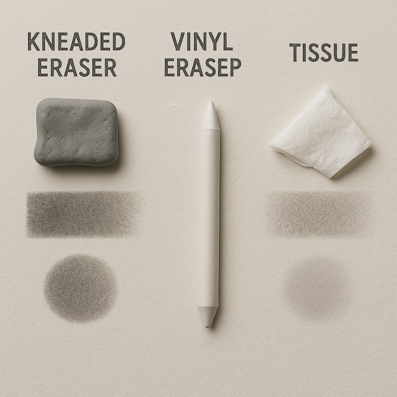 Photo of kneaded eraser, vinyl eraser, blending stump, and tissue with shading samples showing their effects.