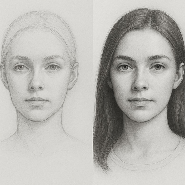 Portrait without neck/hair next to a completed version with neck and hair properly included.