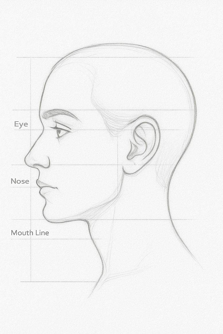Profile head drawing with guideline grid showing eye line, nose line, mouth line, and ear placement clearly marked.