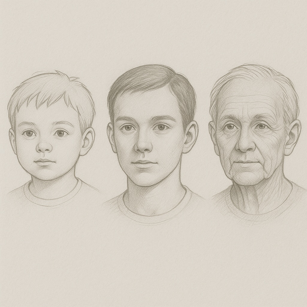 Row of three faces: child, young adult, and senior, showing how proportions and features change over time.