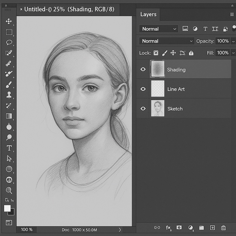 Screenshot of a digital portrait in progress, with layers panel open showing sketch, line art, and shading layers.