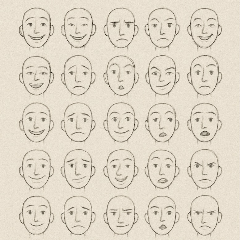 Sheet of small “thumbnail faces” with a variety of quick expressions — smiles, frowns, raised brows, smirks.