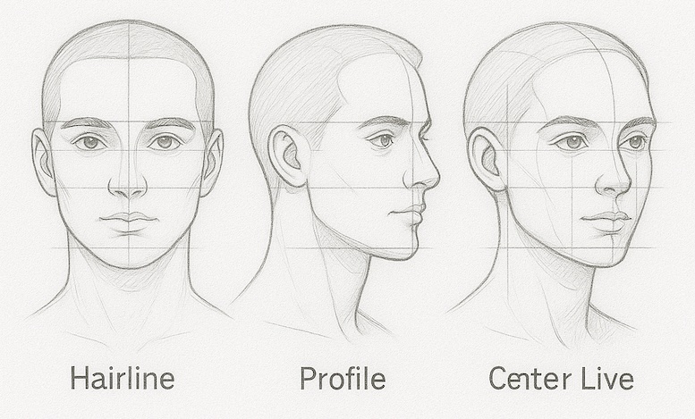 Side-by-side comparison of front view, profile, and ¾ view heads with proportional guidelines, showing consistency.