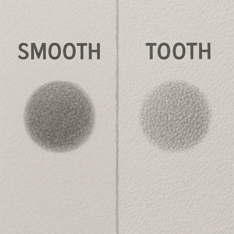 Side-by-side comparison of paper textures, with small shaded circles showing the difference in blending.