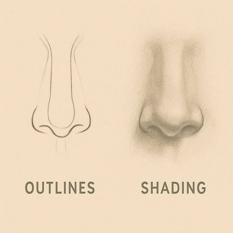 Side-by-side noses: one outlined heavily, one rendered with soft shading showing volume.