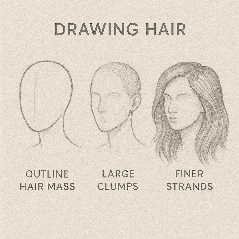 Sketch showing how to build hair: outline of hair mass → large clumps → finer strands for detail.