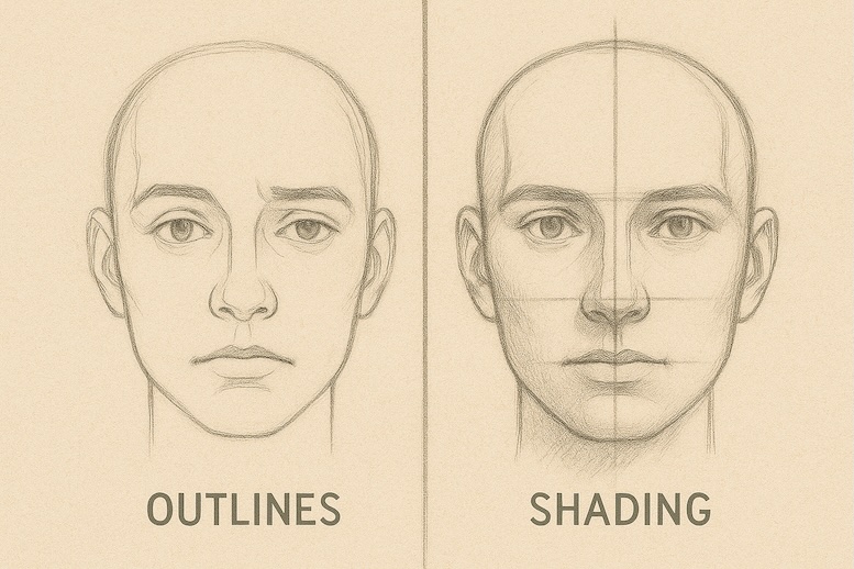 Split-screen image: left side shows misaligned features, right side shows corrected symmetry with construction lines visible.