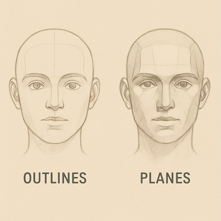 Two drawings side by side: one flat and outline-only, the other with planes shaded to create a 3D effect.