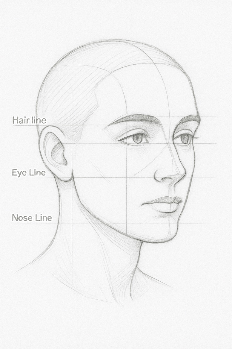 ¾ view head with curved center guideline and proportional lines for eyes, nose, and mouth to show perspective shift.
